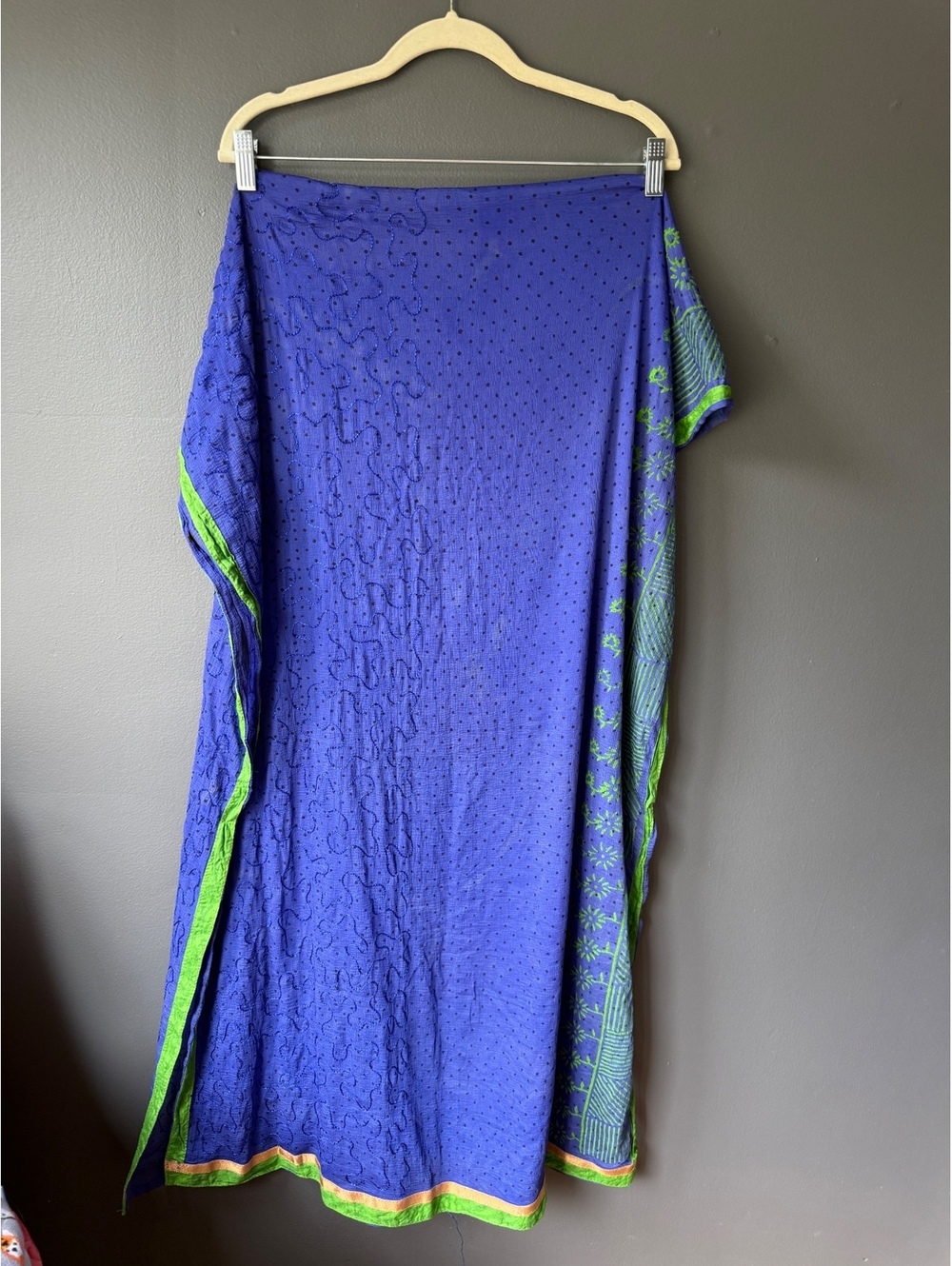 Vintage Blue and Green Embroidered Scarf/Shawl with Polka Dots